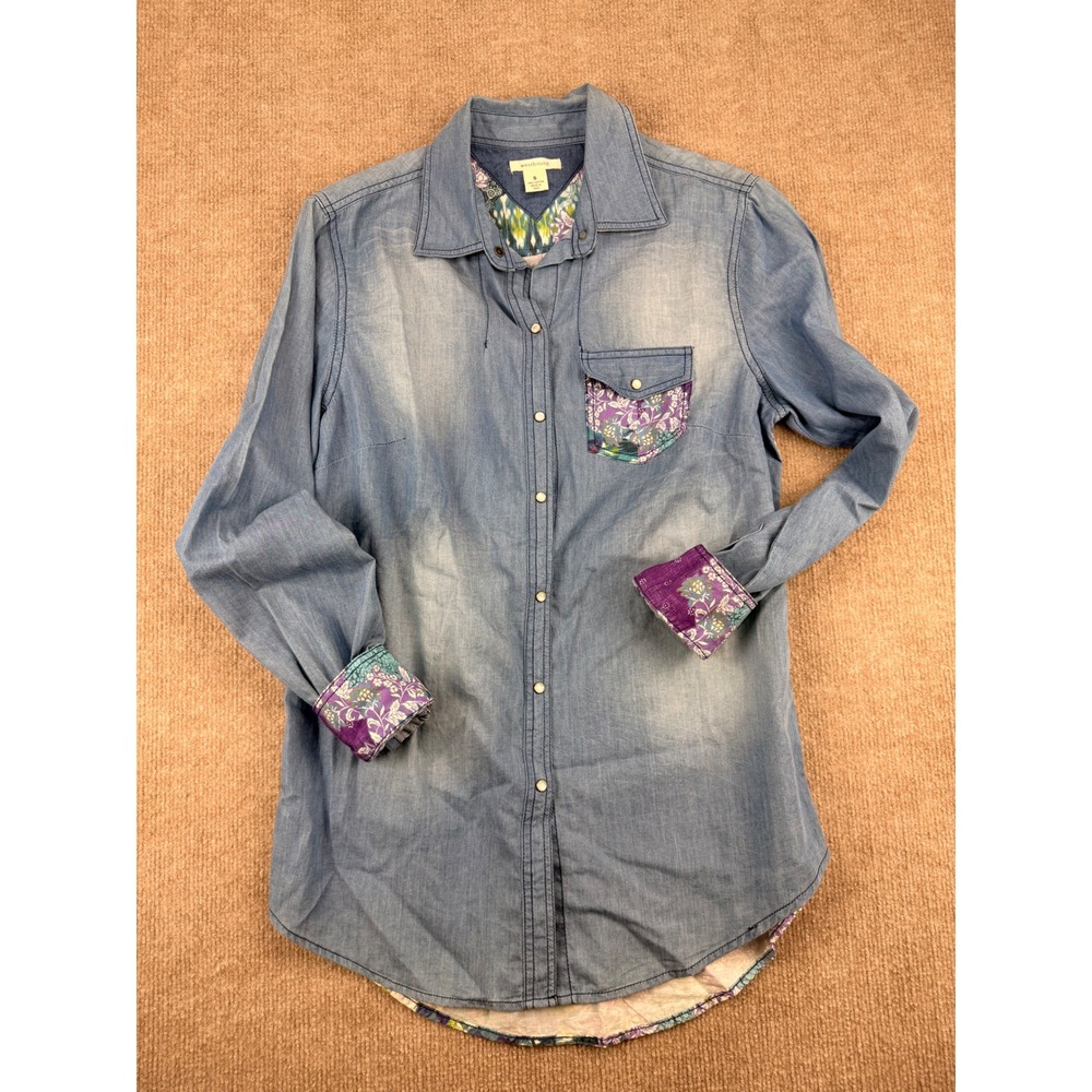 Westbound Womens Small Denim Shirt Floral Mixed Media Print Back Snap Button